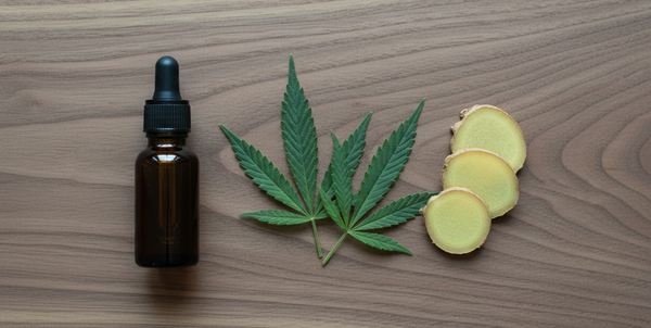 cbd oil bottle next to hemp leaves and ginger