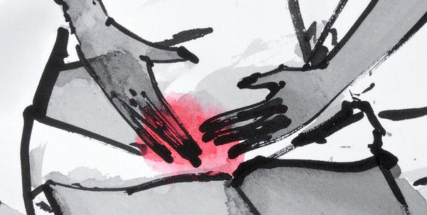 Ink drawing of a woman holding her stomach